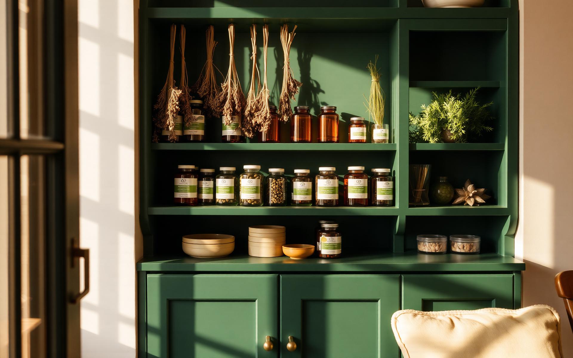 Adam's Nutrition apothecary shelf with amber bottles and dried herbs